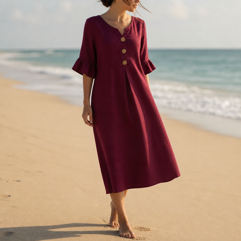 Narbonne Button Front Midi Dress in Bordeaux