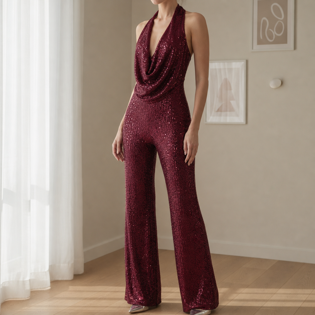Lacoste Sequin Halter Jumpsuit in Burgundy