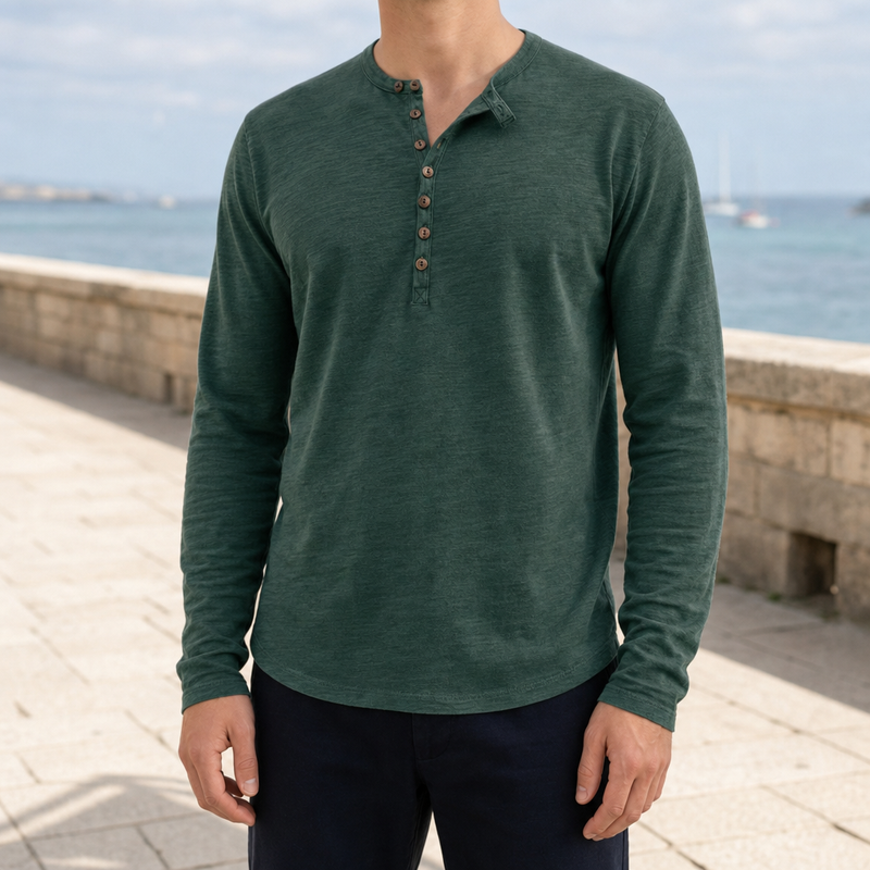 Soller Long Sleeve Henley Shirt in Dark Green