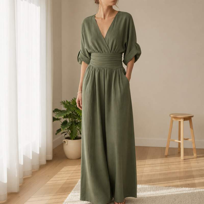 Serifos V-Neck Wide-Leg Jumpsuit in Green