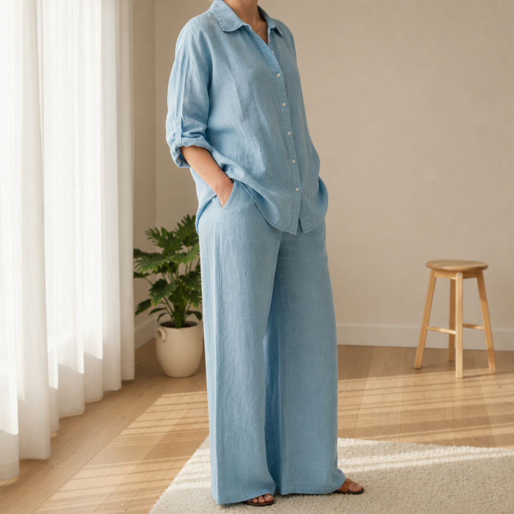 Nazare Linen Two-Piece Set in Lake Blue