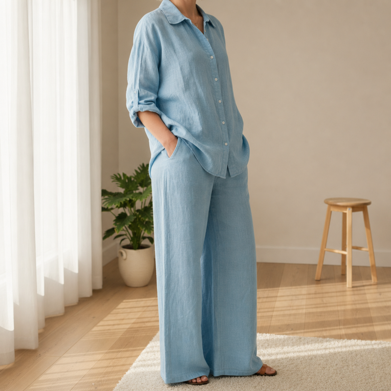 Nazare Linen Two-Piece Set in Lake Blue