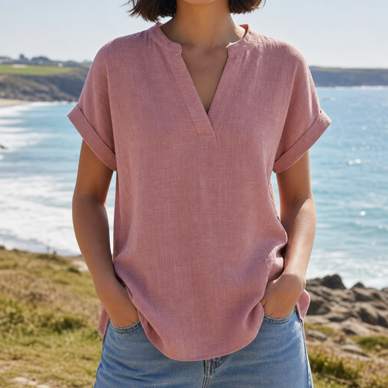Sagres Notched V-Neck Blouse in Pink