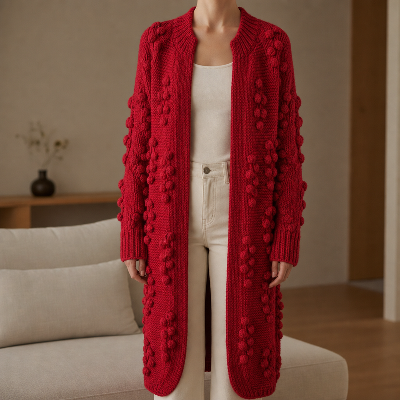 Chianti Pom Pom Knit Cardigan in Red