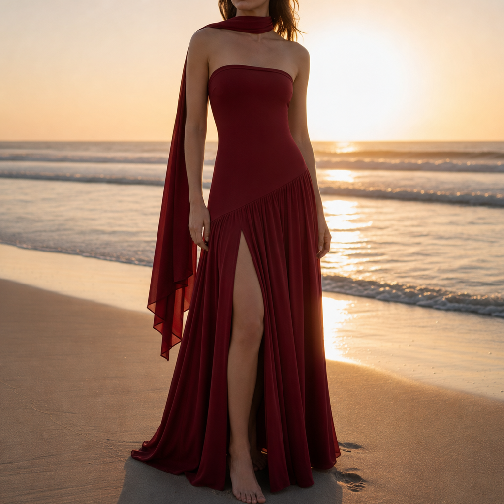 Ravello Strapless Slit Maxi Dress in Red