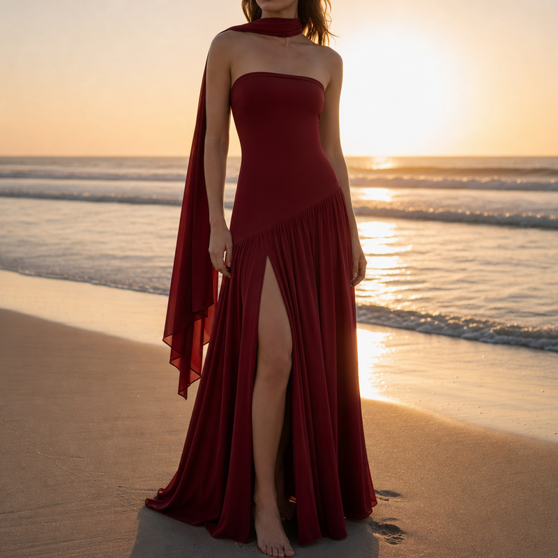 Ravello Strapless Slit Maxi Dress in Red