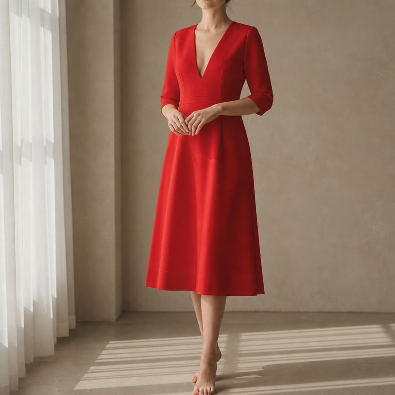 Eze Deep V-Neck Midi Dress in Red