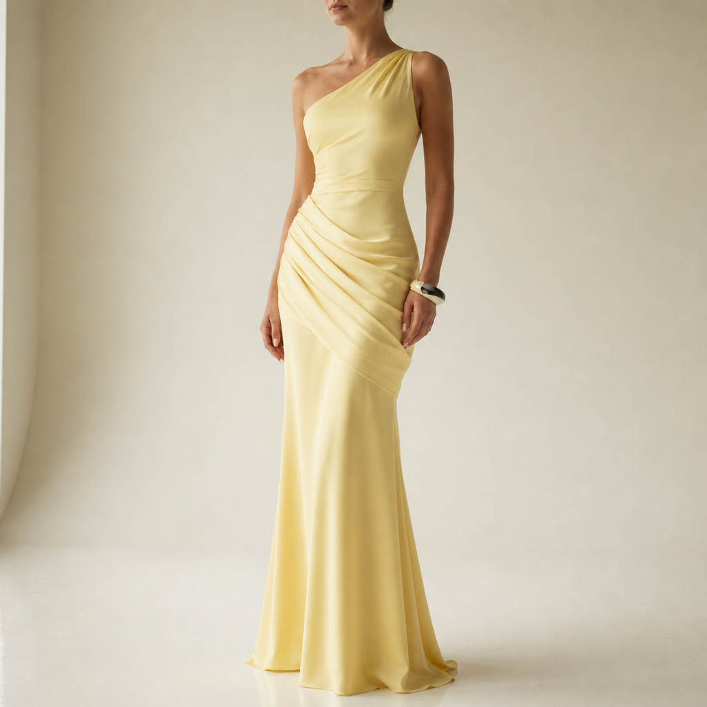 Baeza One Shoulder Satin Gown in Yellow