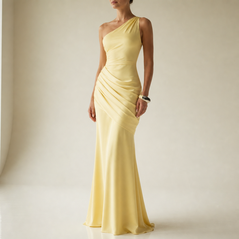Baeza One Shoulder Satin Gown in Yellow