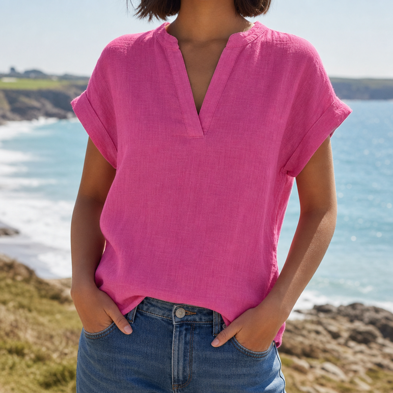 Sagres Notched V-Neck Blouse in Bright Pink