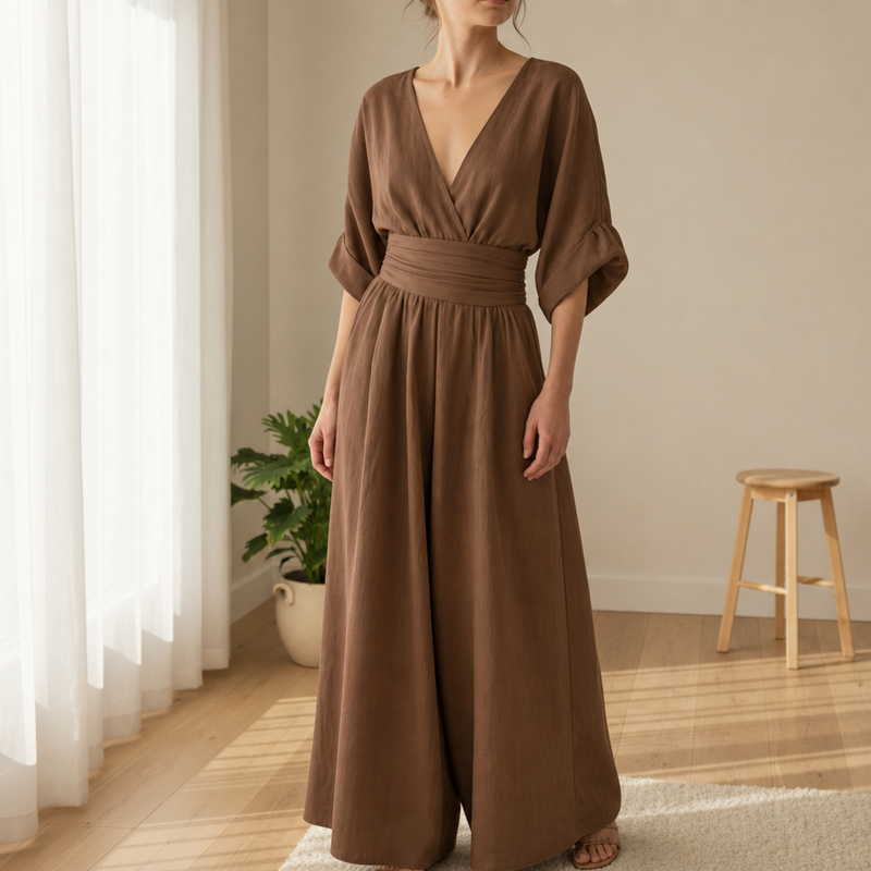 Serifos V-Neck Wide-Leg Jumpsuit in Brown