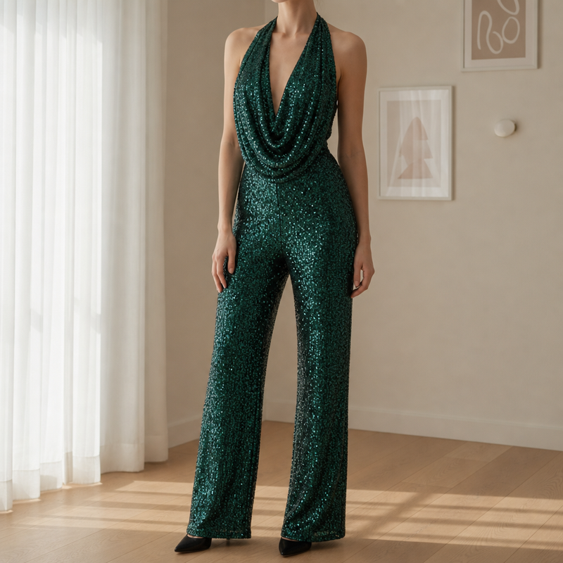 Lacoste Sequin Halter Jumpsuit in Green