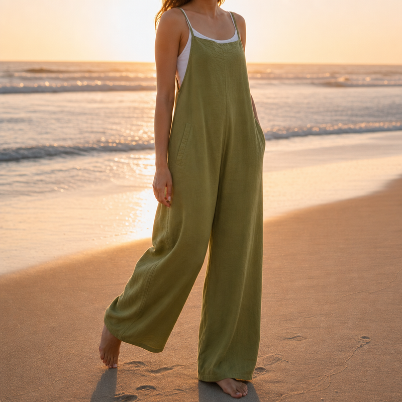 Biot Linen Bib Overall Jumpsuit in Olive Green