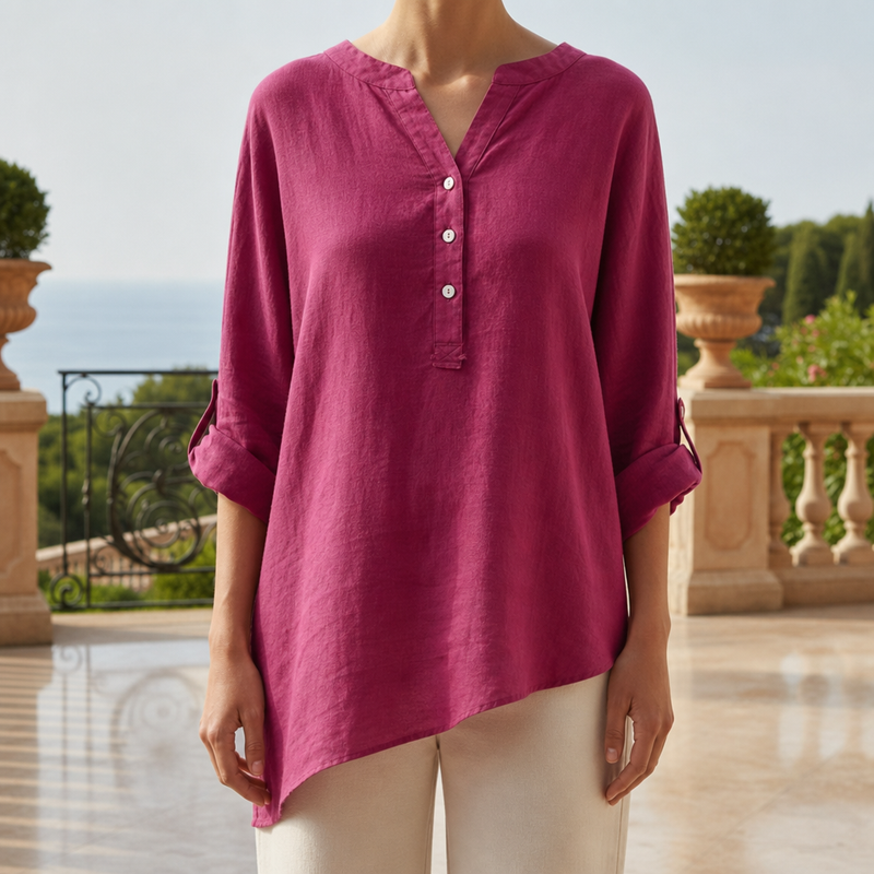 Santander Linen Button-Up Tunic in Pinkish Red