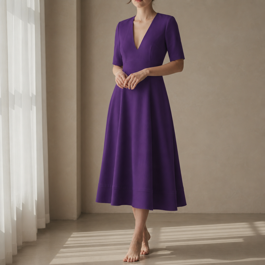 Eze Deep V-Neck Midi Dress in Purple