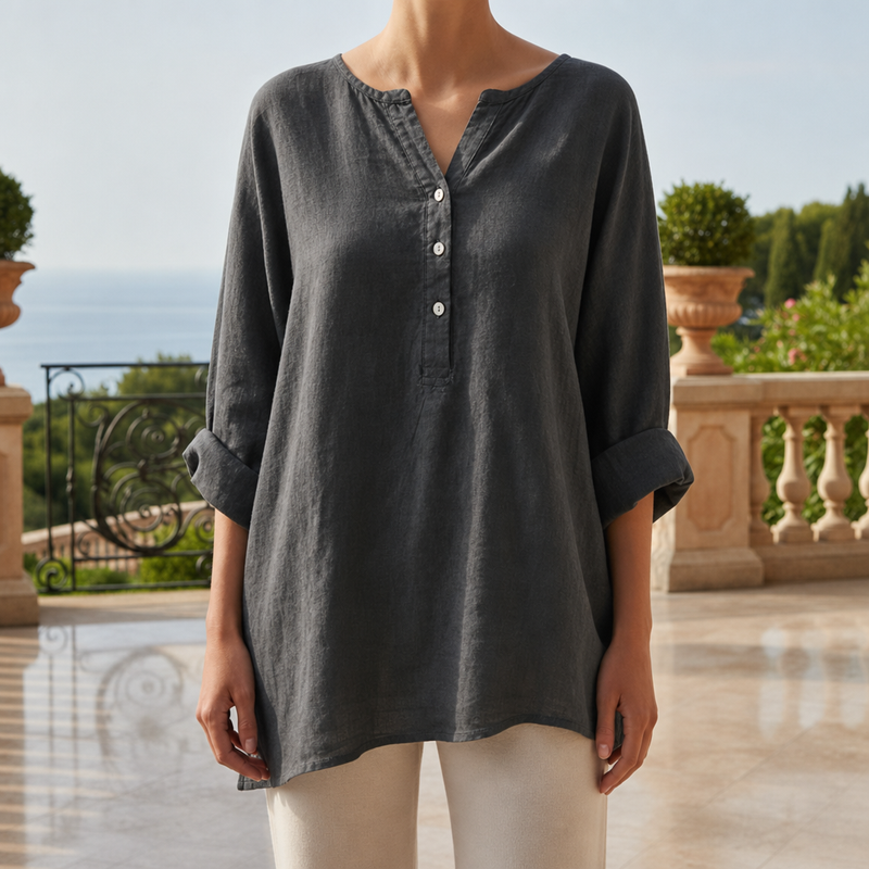Santander Linen Button-Up Tunic in Dark Gray