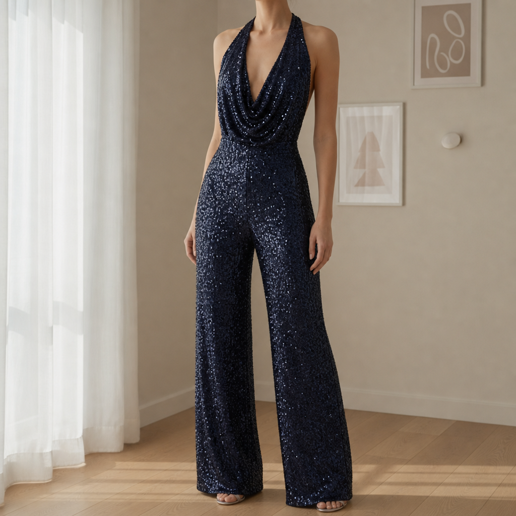 Lacoste Sequin Halter Jumpsuit in Navy Blue