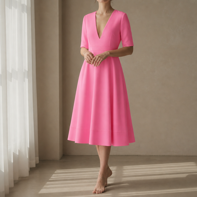 Eze Deep V-Neck Midi Dress in Pink