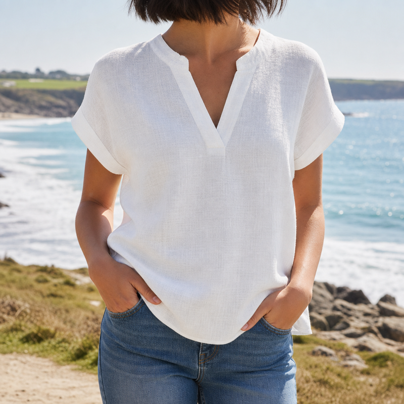 Sagres Notched V-Neck Blouse in White