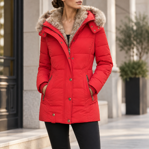 Aix Fur Hood Puffer Jacket in Red