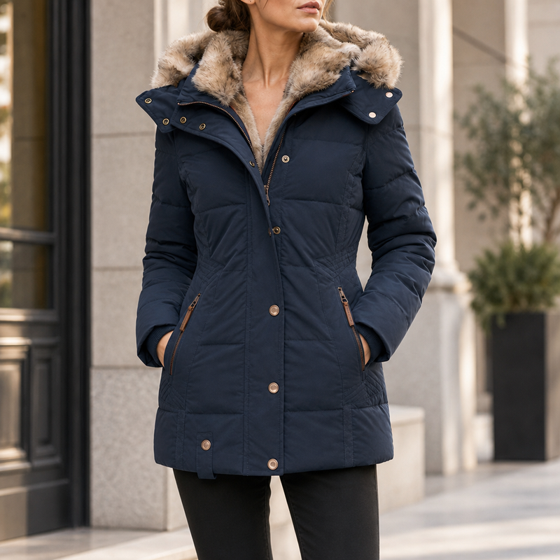 Aix Fur Hood Puffer Jacket in Navy Blue