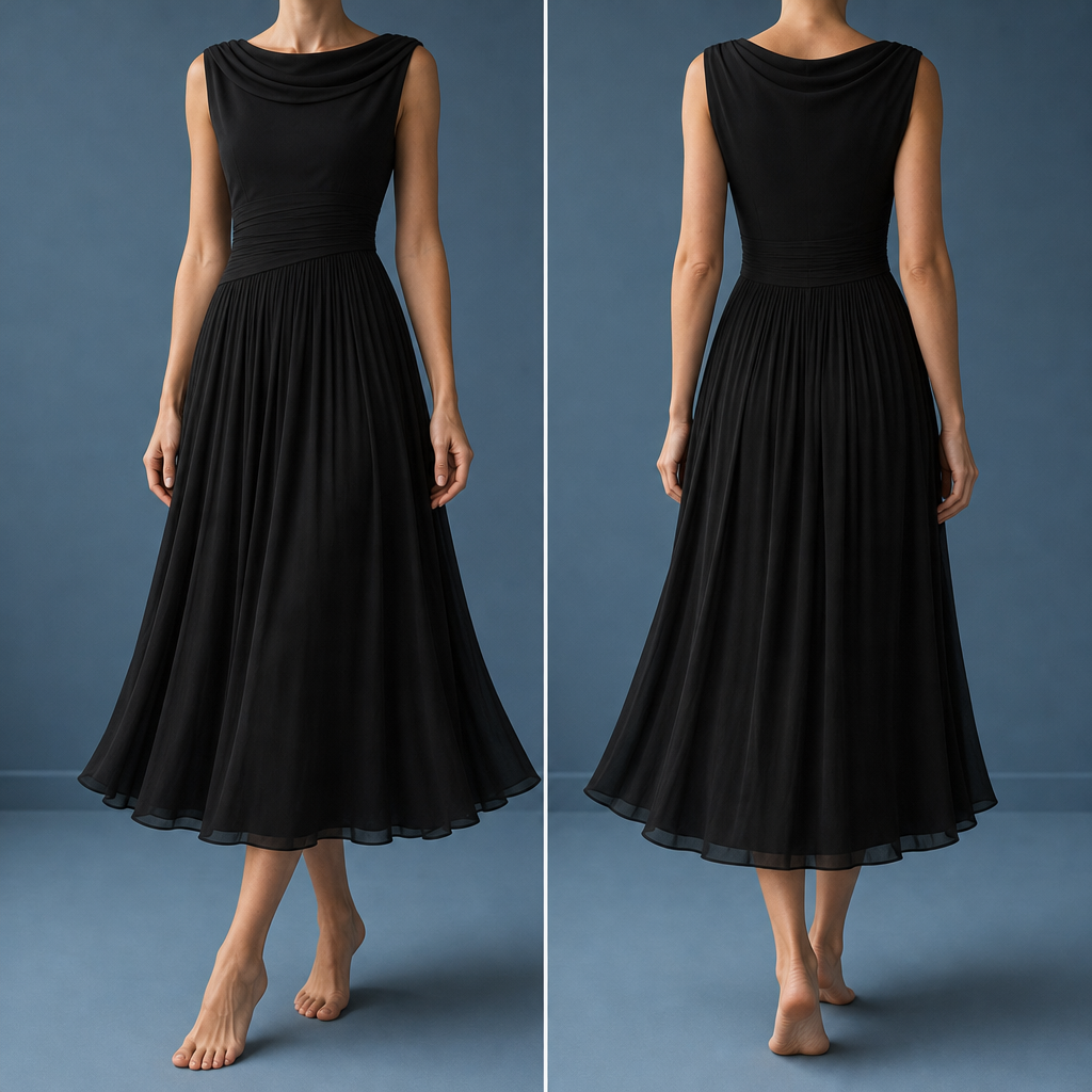 Ajaccio Pleated Chiffon Midi Dress in Black