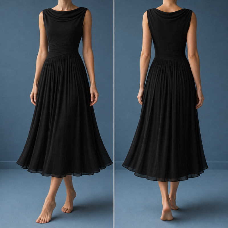 Ajaccio Pleated Chiffon Midi Dress in Black