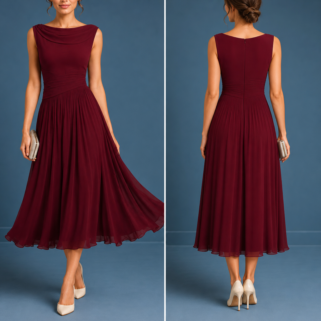 Ajaccio Pleated Chiffon Midi Dress in Red
