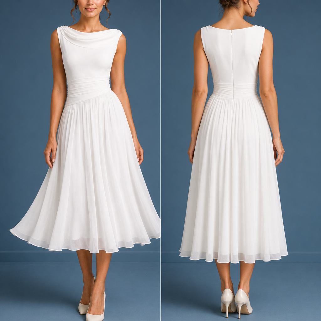 Ajaccio Pleated Chiffon Midi Dress in White