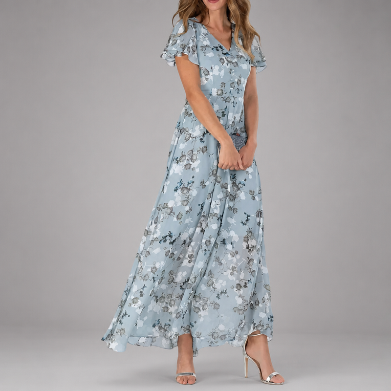 Alicante Floral Flutter Sleeve Maxi in Blue