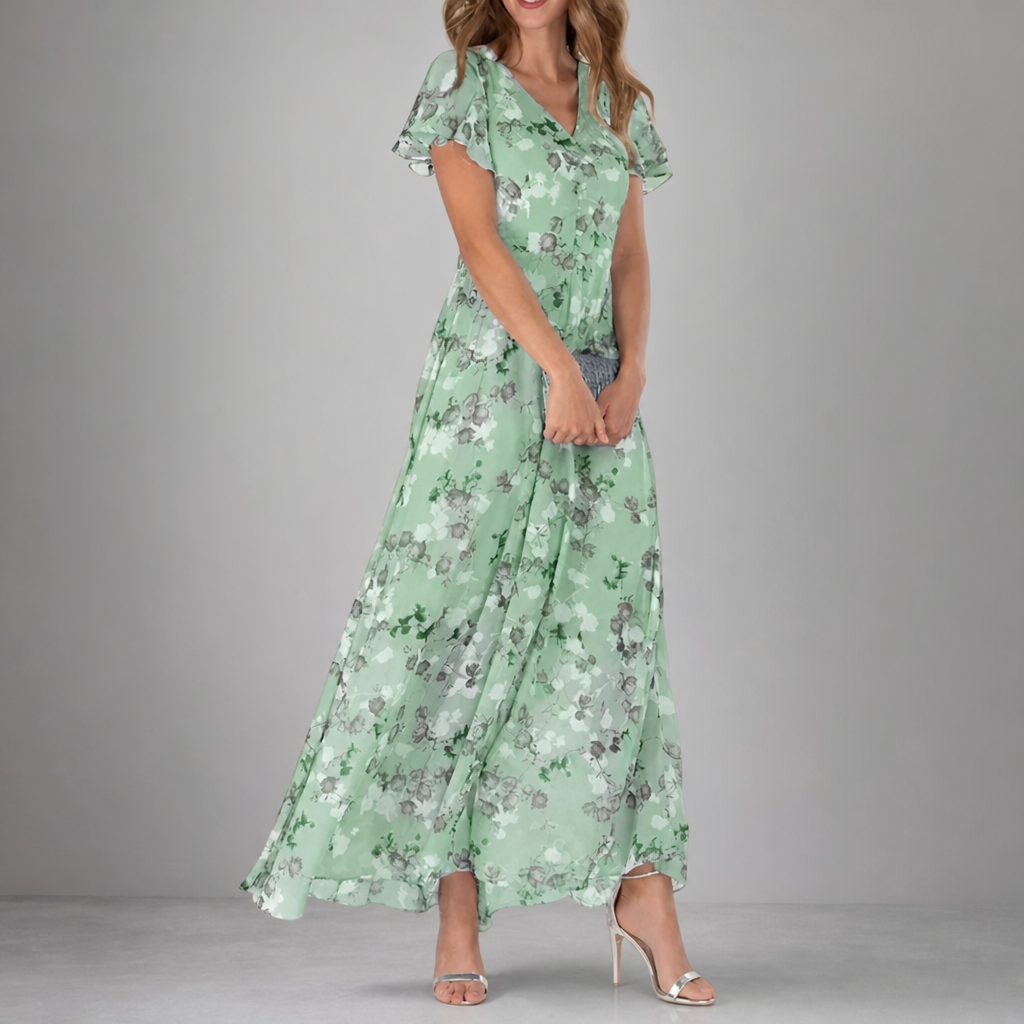 Alicante Floral Flutter Sleeve Maxi in Green