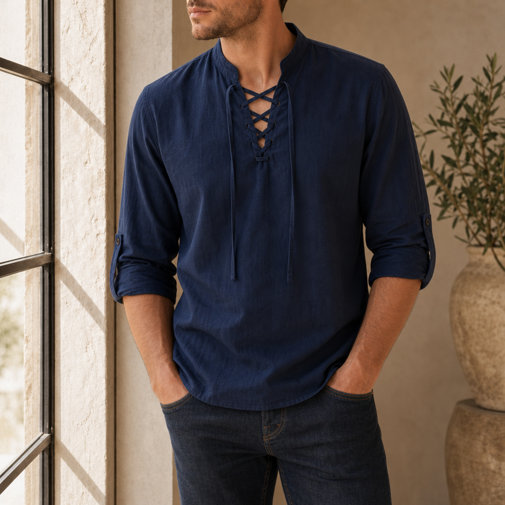 Alicante Lace-Up Linen Shirt in Blue