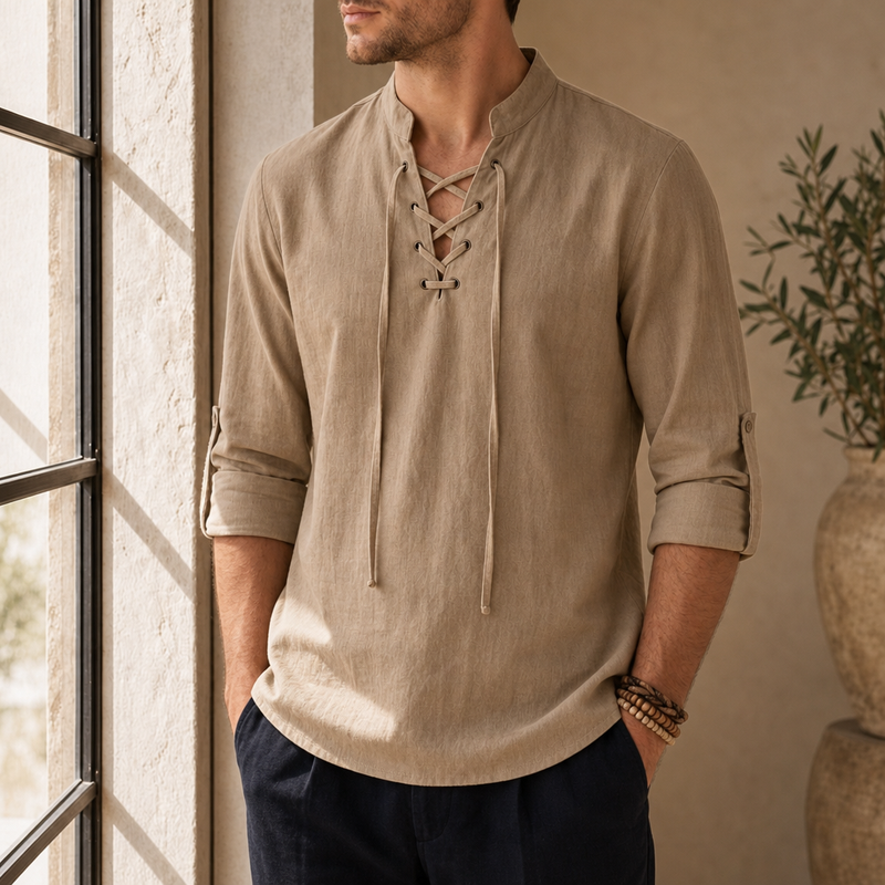 Alicante Lace-Up Linen Shirt in Brown