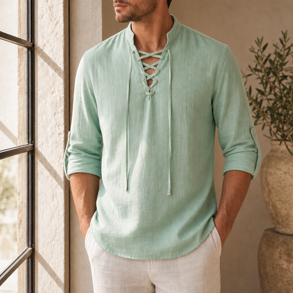 Alicante Lace-Up Linen Shirt in Green