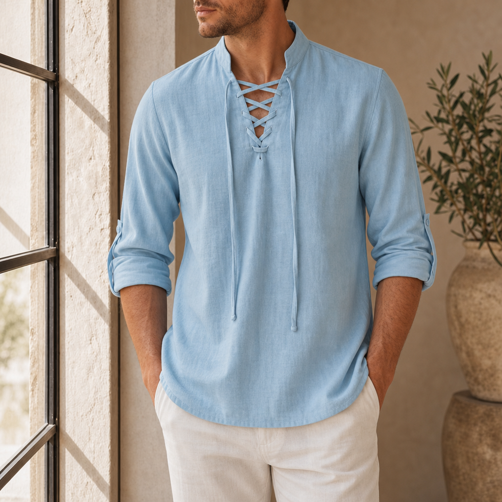 Alicante Lace-Up Linen Shirt in Light Blue