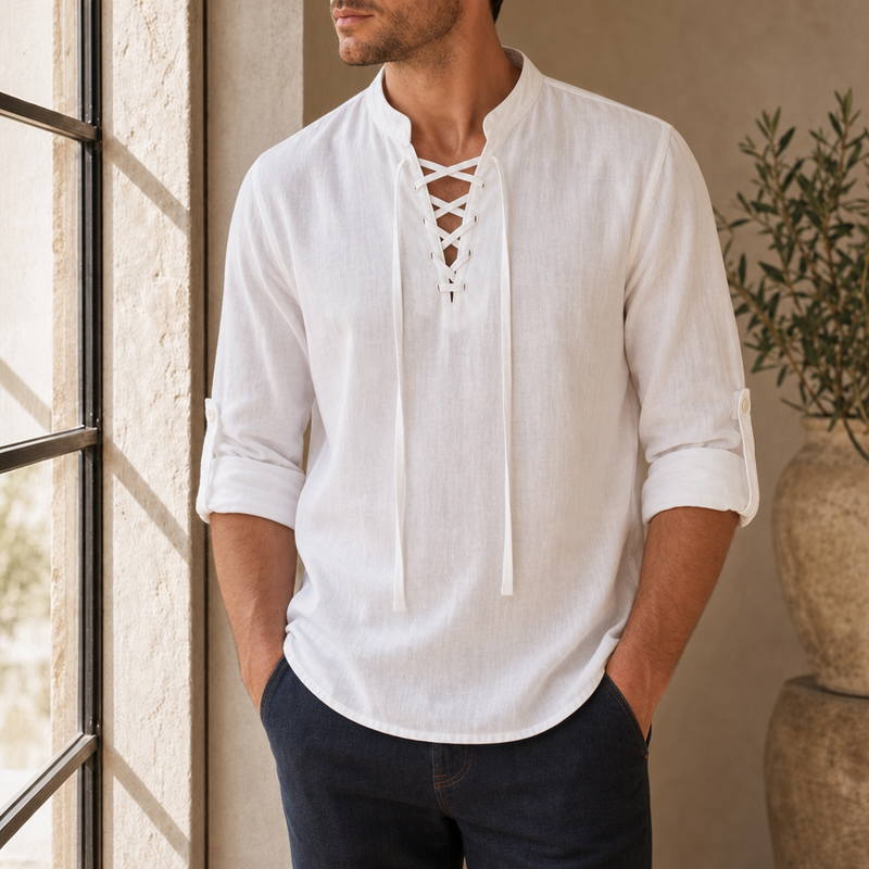 Alicante Lace-Up Linen Shirt in White