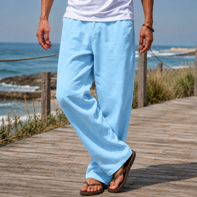 Almeria Wide Leg Linen Pants in Blue