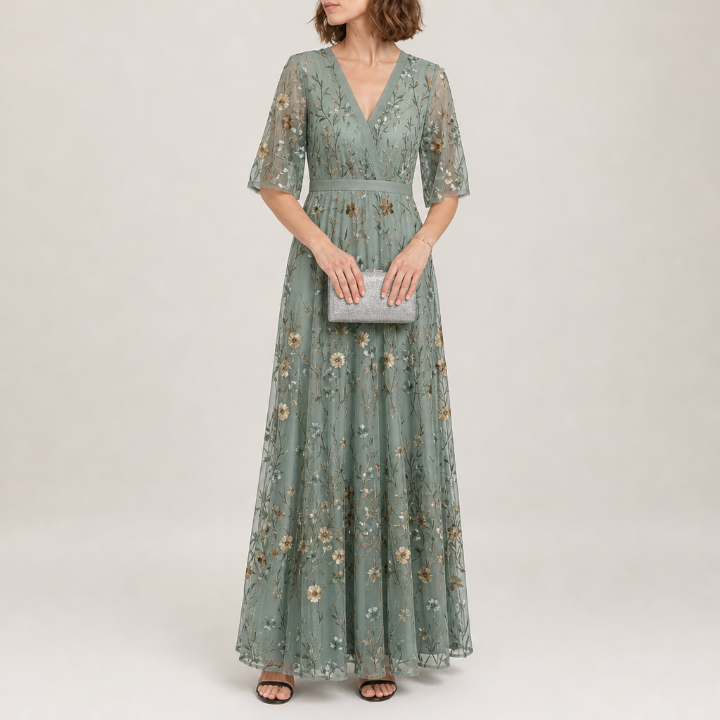 Amarante Floral Embroidered Maxi Dress in Sage Green