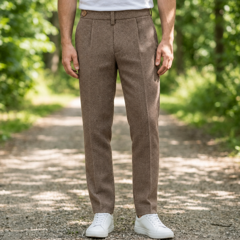 Amorgos Herringbone Wool Trousers in Khaki