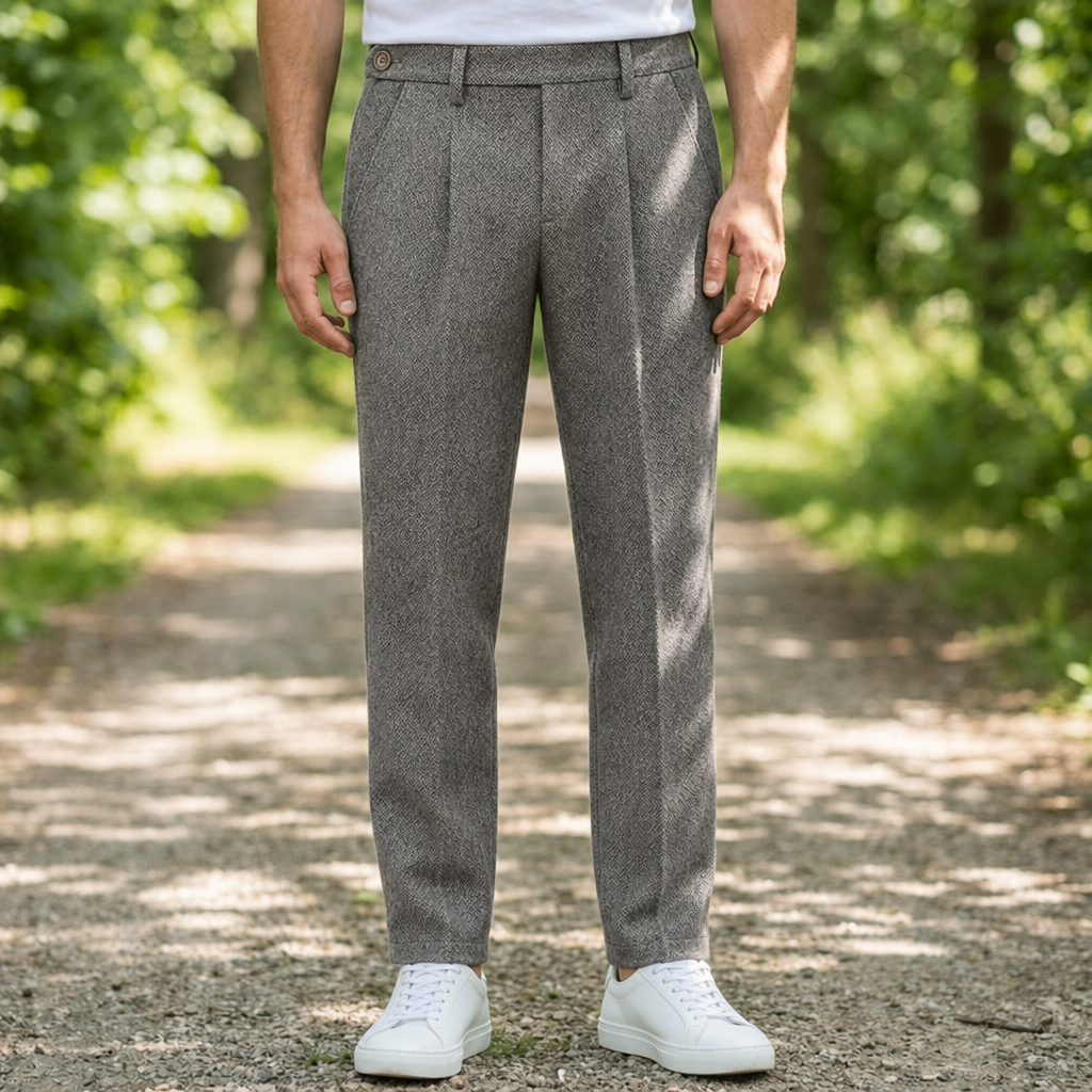 Amorgos Herringbone Wool Trousers in Gray