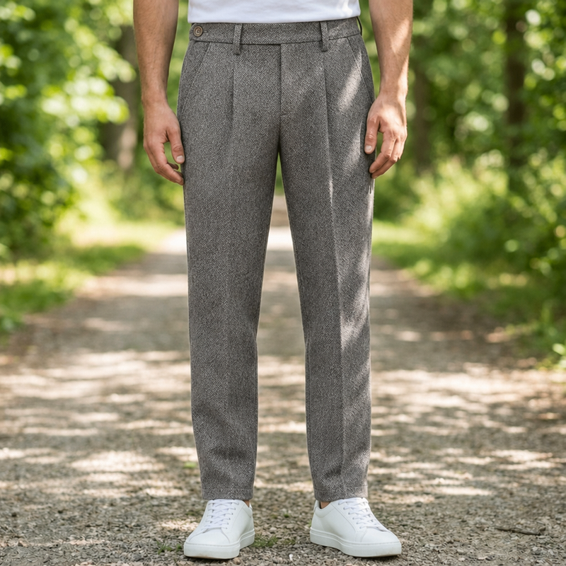 Amorgos Herringbone Wool Trousers in Gray