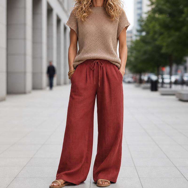 Ansouis Knit Top Linen Set in Red