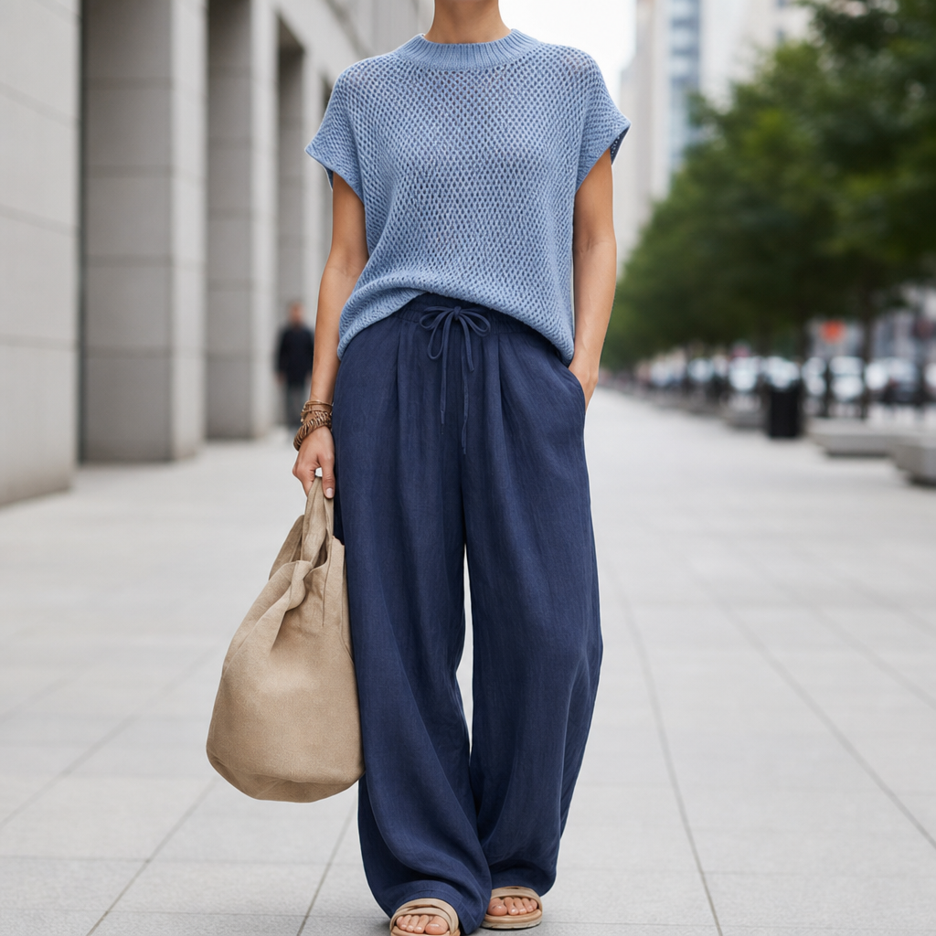 Ansouis Knit Top Linen Set in Navy