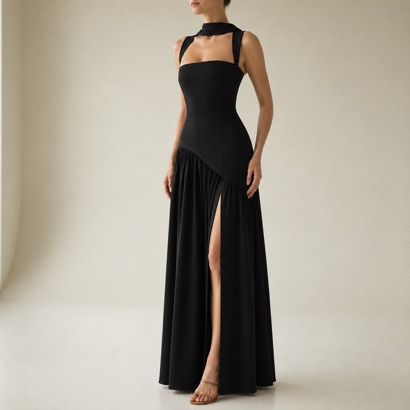 Arles Ruched Halter Maxi Dress