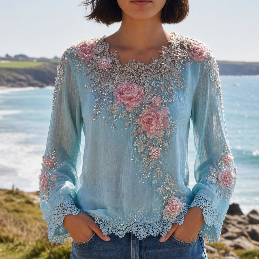Bandol Floral Embroidered Lace Blouse in Blue