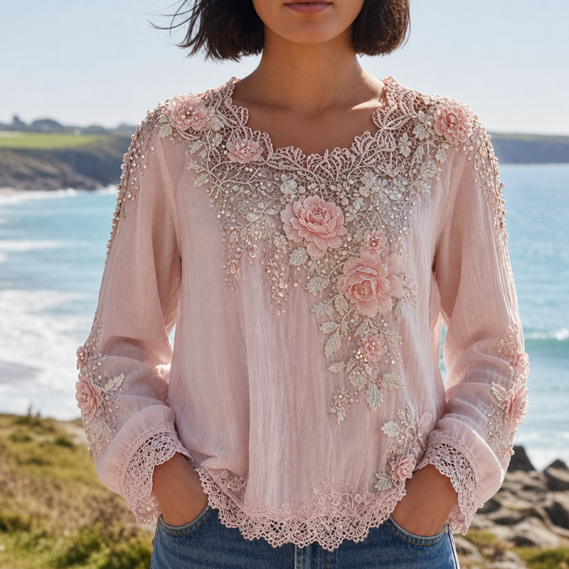 Bandol Floral Embroidered Lace Blouse in Pink