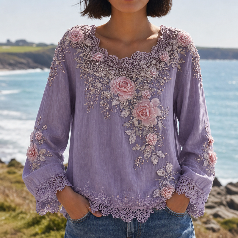 Bandol Floral Embroidered Lace Blouse in Purple