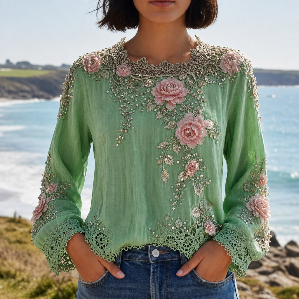 Bandol Floral Embroidered Lace Blouse in Green