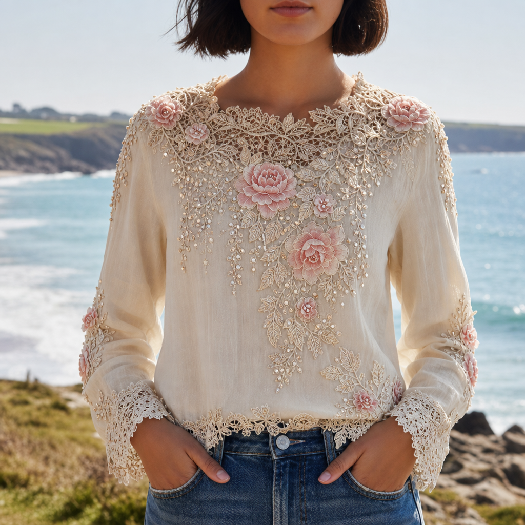 Bandol Floral Embroidered Lace Blouse in Beige