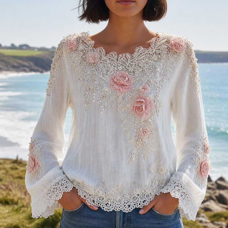 Bandol Floral Embroidered Lace Blouse in White